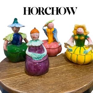 4 Adorable Horchow Anthropomorphic “Vegetable Lady” Pottery Dishes!